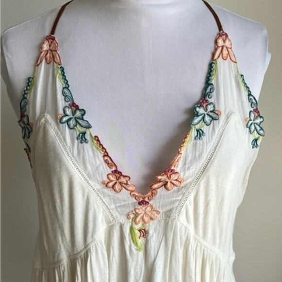 FREE PEOPLE ISLAND TIME FLORAL V NECK TANK TOP IVORY LEATHER STRAPS - Picture 6 of 6